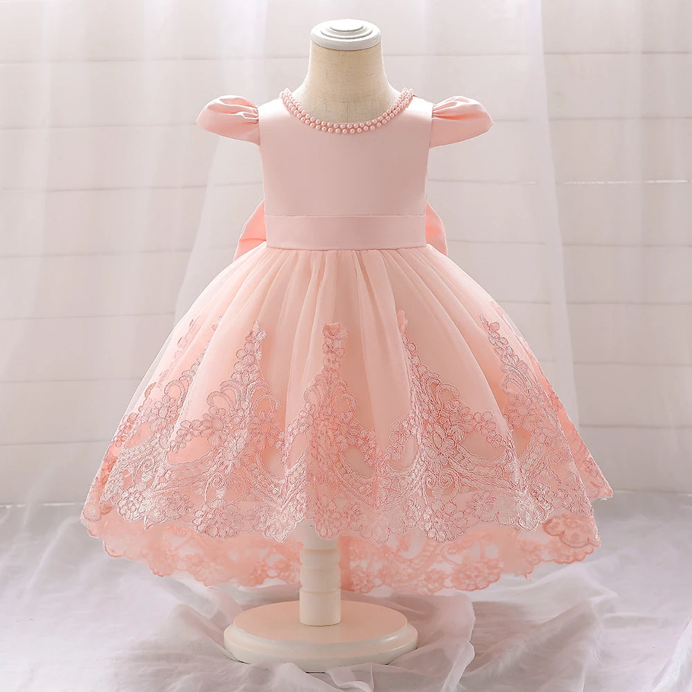 Toddler Bow Baby Dress For Girls Beading Tulle Princess 1st Birthday Embroidery Kids Party Dresses for Girl Pink Baptism Costume