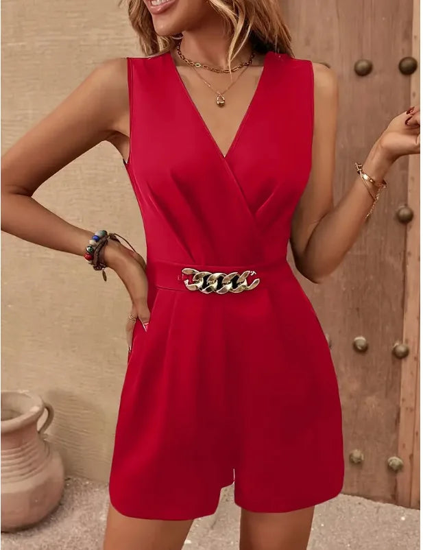 Spring Summer New Women's Clothing Solid Color Sexy V-neck Temperament Slimming Elegant Fashion Metal Decoration Jumpsuit