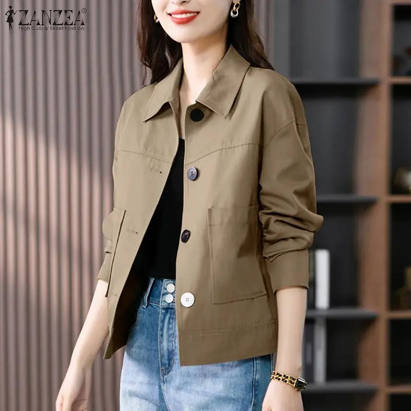 ZANZEA Autumn Jackets Women Vintage Solid Coats Long Sleeve Blouse Casual Solid Shirt Female Outwear Elegant Holiday Blazer Tops