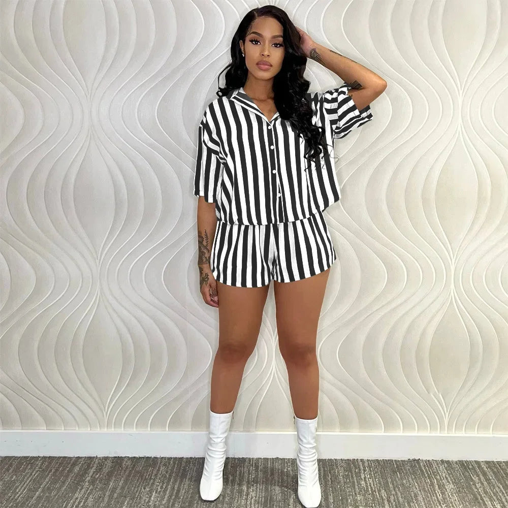 Summer Fashion Sporting Women set Striped Print Button Shirt Top Skinny Shorts Suit Two Piece Set Elegant Tracksuits
