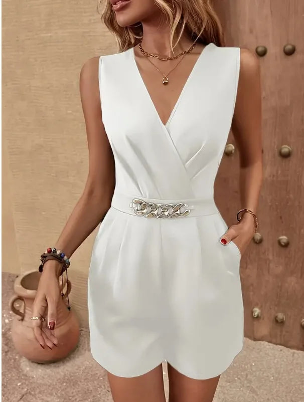 Spring Summer New Women's Clothing Solid Color Sexy V-neck Temperament Slimming Elegant Fashion Metal Decoration Jumpsuit