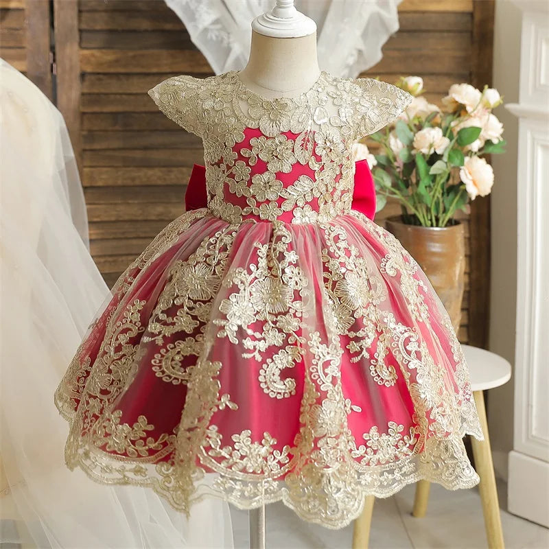 Embroidery Elegant Princess Dress for Girls Luxury Golden Lace Vintage Children Festival Party Gown Baby Formal Weddings Dresses