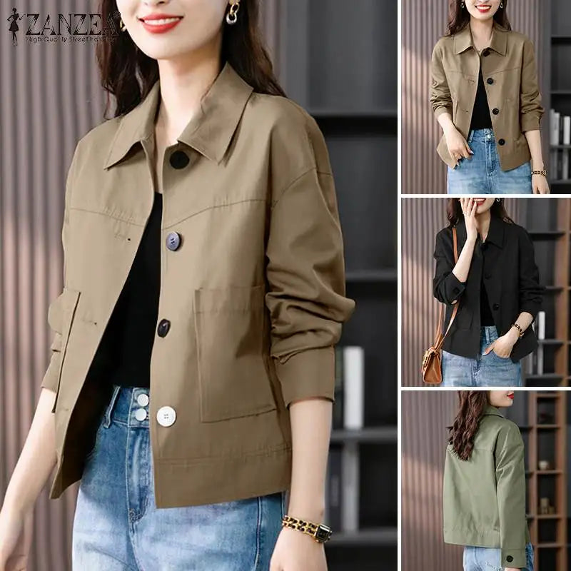 ZANZEA Autumn Jackets Women Vintage Solid Coats Long Sleeve Blouse Casual Solid Shirt Female Outwear Elegant Holiday Blazer Tops