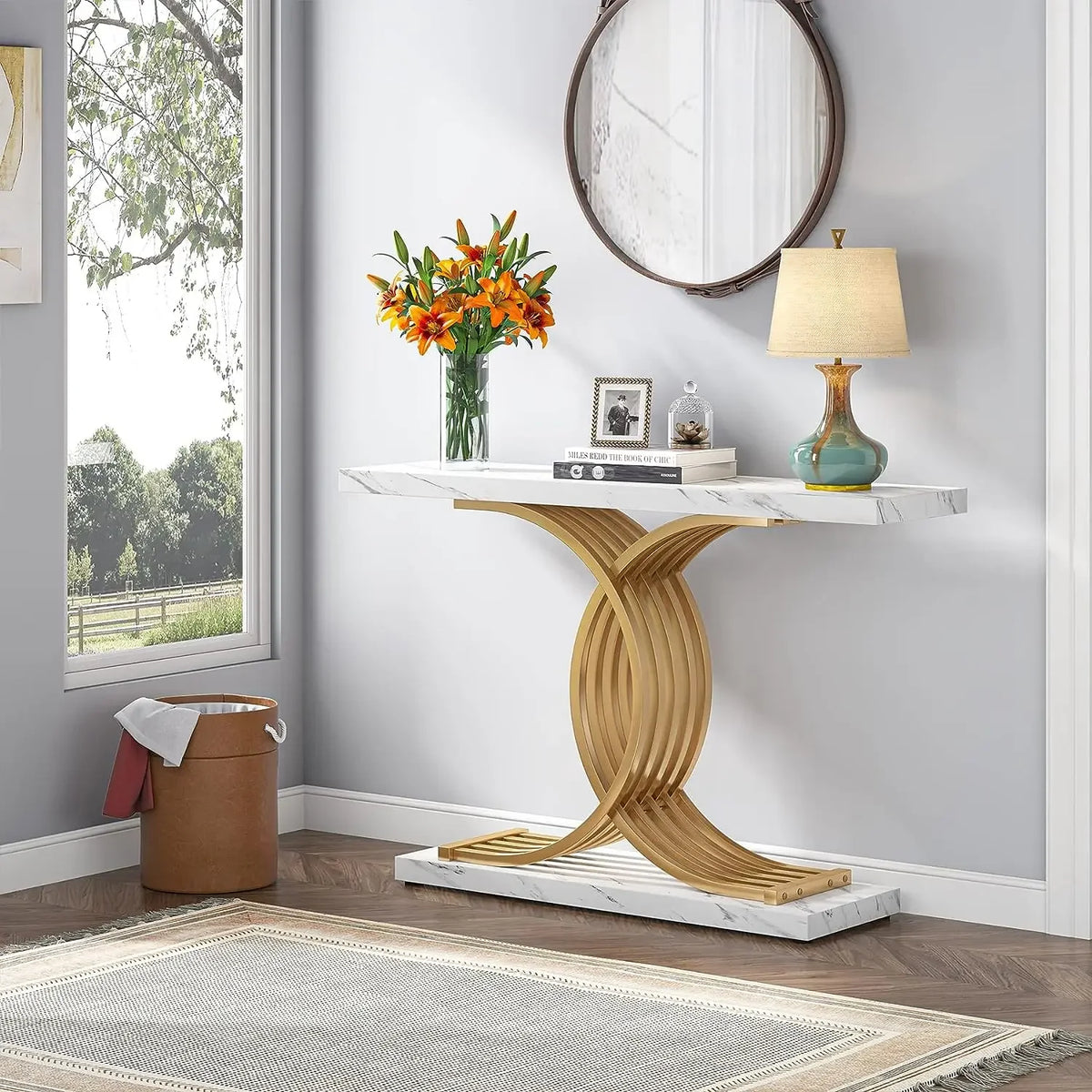 Tribesigns Gold Entryway Table, Modern 39-Inch Console Faux Marble Narrow Wood Sofa with Geometric Metal Legs