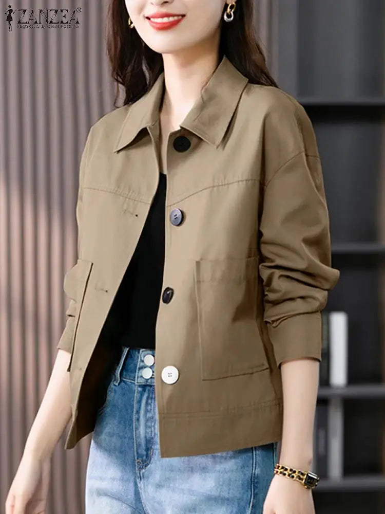 ZANZEA Autumn Jackets Women Vintage Solid Coats Long Sleeve Blouse Casual Solid Shirt Female Outwear Elegant Holiday Blazer Tops