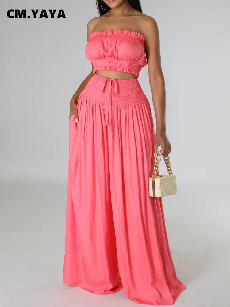 CM.YAYA Fashion Women's Set Strapless Crop Top and High Waist Wide Leg Loose Pants 2023 Beach Two 2 Piece Set Outfits Tracksuit