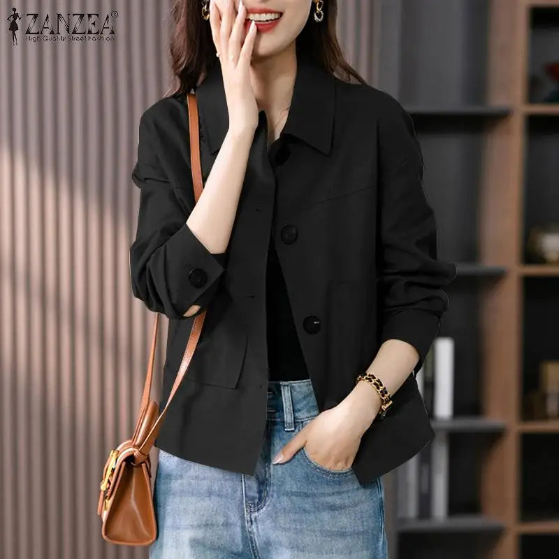 ZANZEA Autumn Jackets Women Vintage Solid Coats Long Sleeve Blouse Casual Solid Shirt Female Outwear Elegant Holiday Blazer Tops