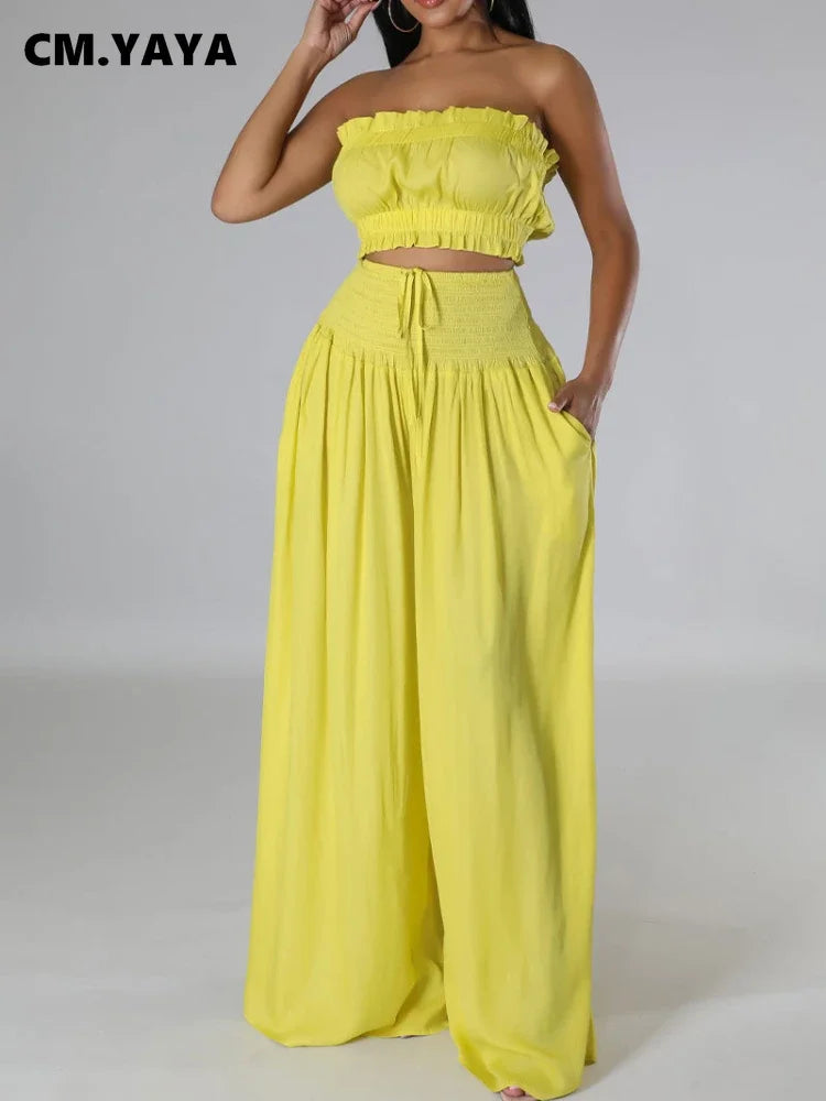 CM.YAYA Fashion Women's Set Strapless Crop Top and High Waist Wide Leg Loose Pants 2023 Beach Two 2 Piece Set Outfits Tracksuit