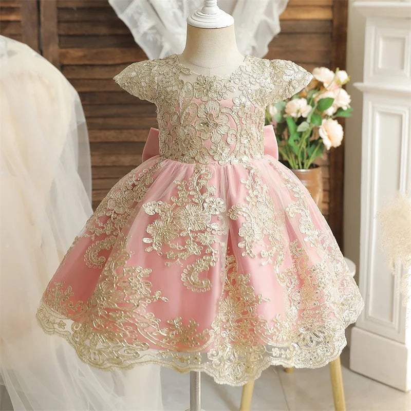 Embroidery Elegant Princess Dress for Girls Luxury Golden Lace Vintage Children Festival Party Gown Baby Formal Weddings Dresses