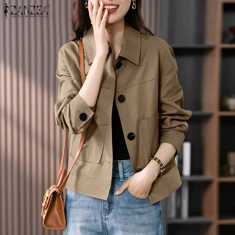 ZANZEA Autumn Jackets Women Vintage Solid Coats Long Sleeve Blouse Casual Solid Shirt Female Outwear Elegant Holiday Blazer Tops