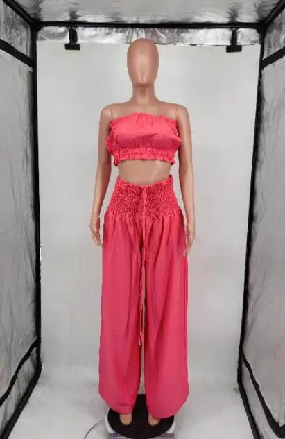 CM.YAYA Fashion Women's Set Strapless Crop Top and High Waist Wide Leg Loose Pants 2023 Beach Two 2 Piece Set Outfits Tracksuit