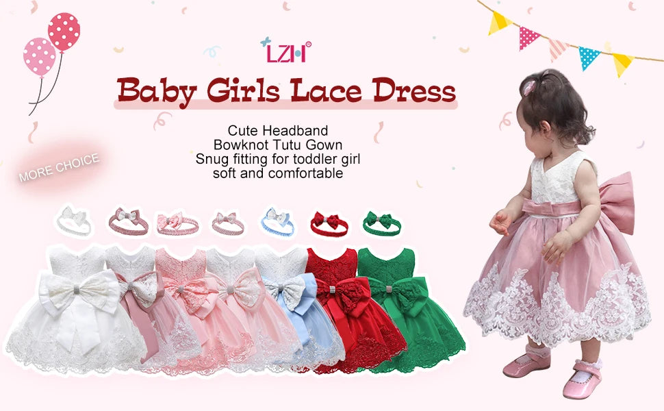 LZH Baby Girls Dress Newborn Clothes Princess Dress+Headwear For Toddler 1st Year Birthday Wedding Christening Infant Party Gown