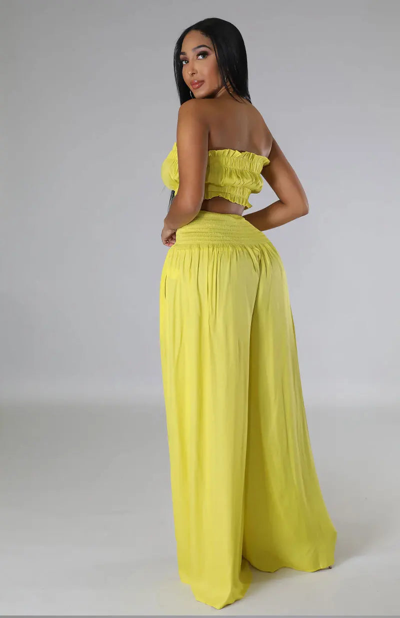 CM.YAYA Fashion Women's Set Strapless Crop Top and High Waist Wide Leg Loose Pants 2023 Beach Two 2 Piece Set Outfits Tracksuit
