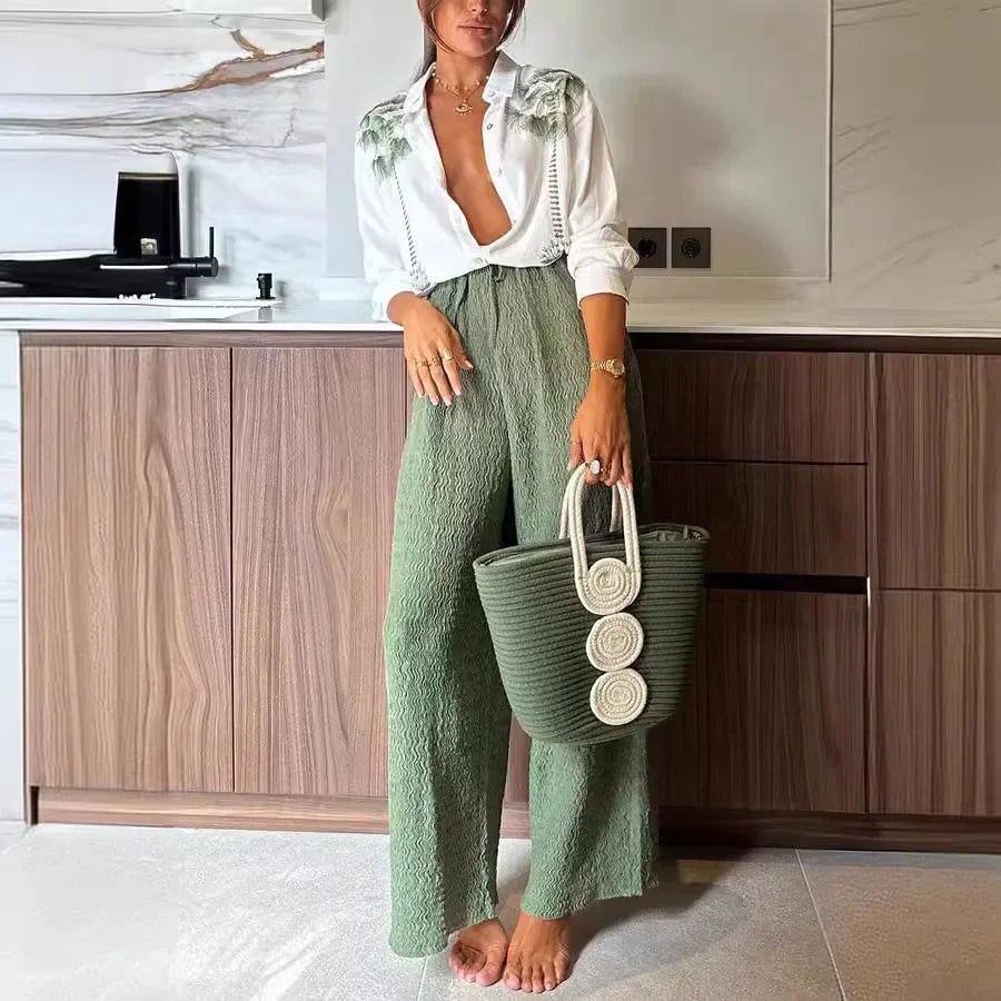 Women 2pcs Clothes Set Long Sleeve Floral Flower Single Breasted Shirt Top & High Waist Wide Leg Pants