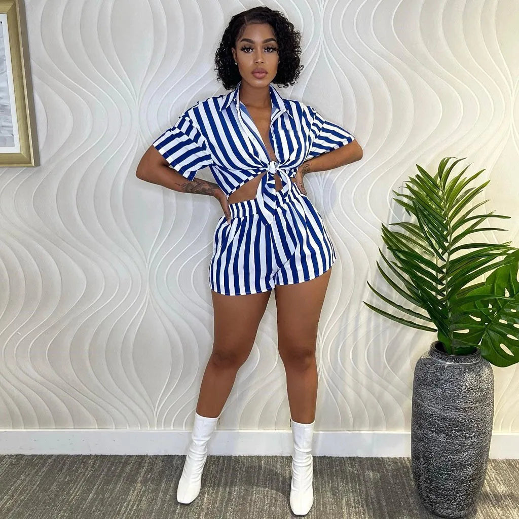Summer Fashion Sporting Women set Striped Print Button Shirt Top Skinny Shorts Suit Two Piece Set Elegant Tracksuits