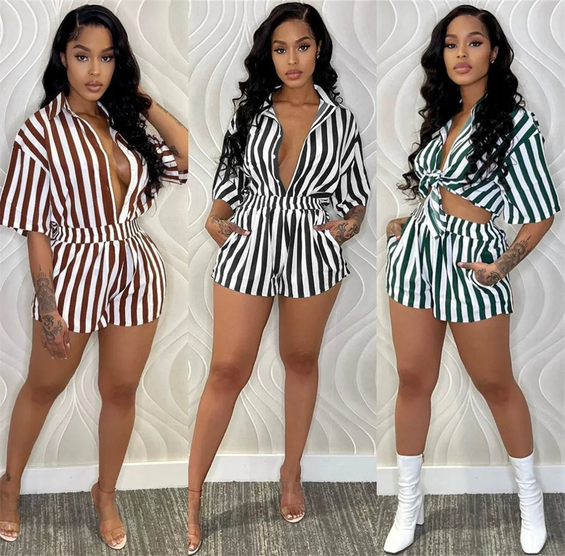 Summer Fashion Sporting Women set Striped Print Button Shirt Top Skinny Shorts Suit Two Piece Set Elegant Tracksuits