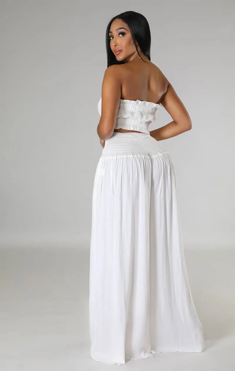 CM.YAYA Fashion Women's Set Strapless Crop Top and High Waist Wide Leg Loose Pants 2023 Beach Two 2 Piece Set Outfits Tracksuit