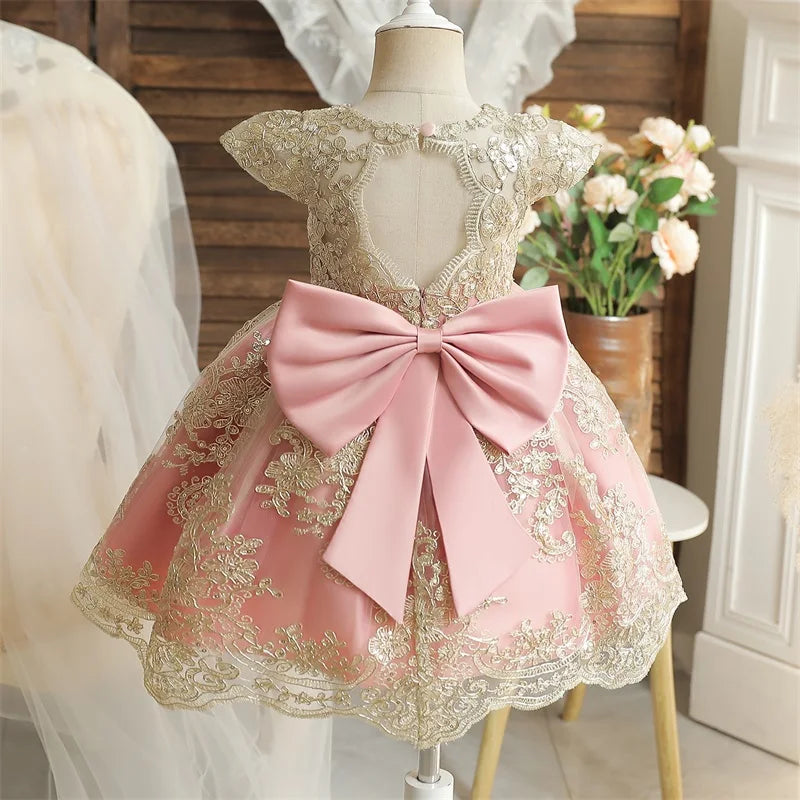 Embroidery Elegant Princess Dress for Girls Luxury Golden Lace Vintage Children Festival Party Gown Baby Formal Weddings Dresses