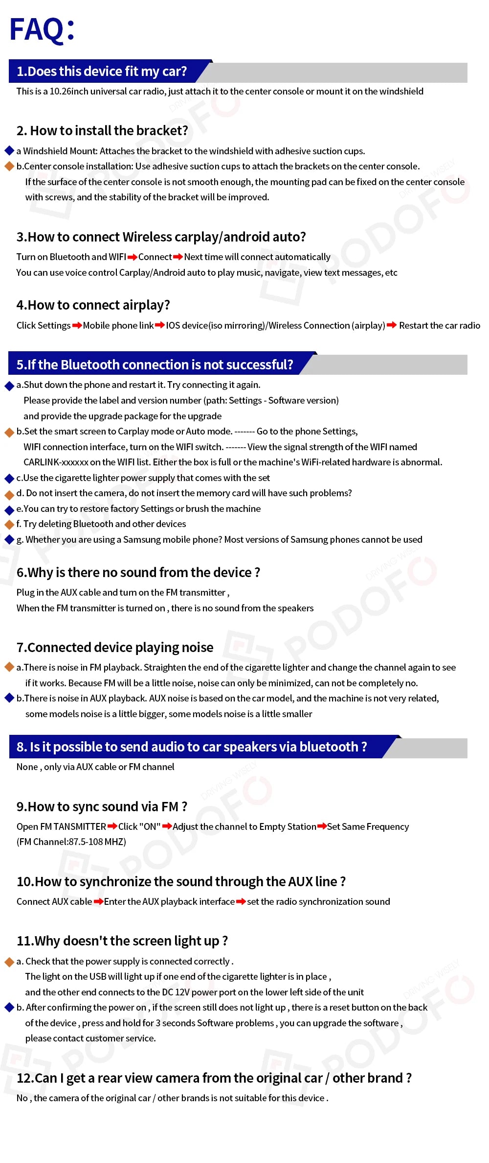 Podofo 6.86"Car Monitor Carplay Android Auto Screen Portable Smart Player Bluetooth Music Voice Control For Toyota Honda Hyundai