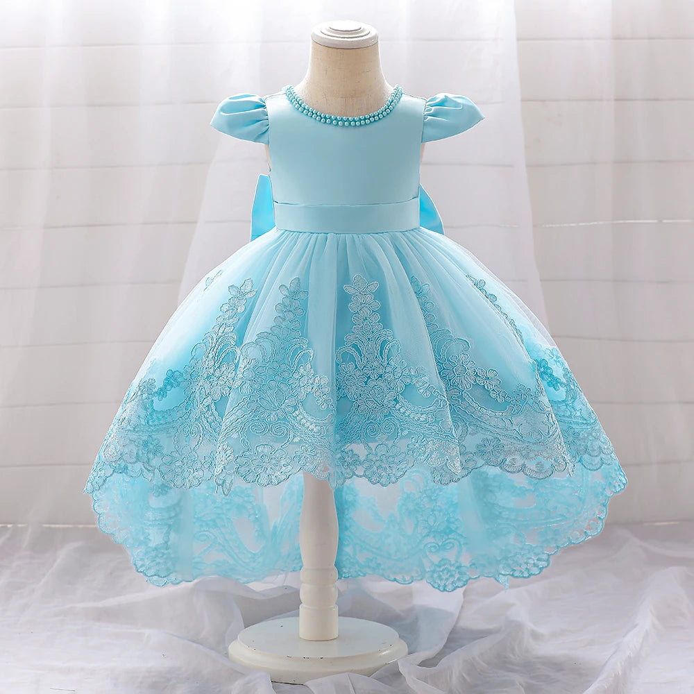 Toddler Bow Baby Dress For Girls Beading Tulle Princess 1st Birthday Embroidery Kids Party Dresses for Girl Pink Baptism Costume