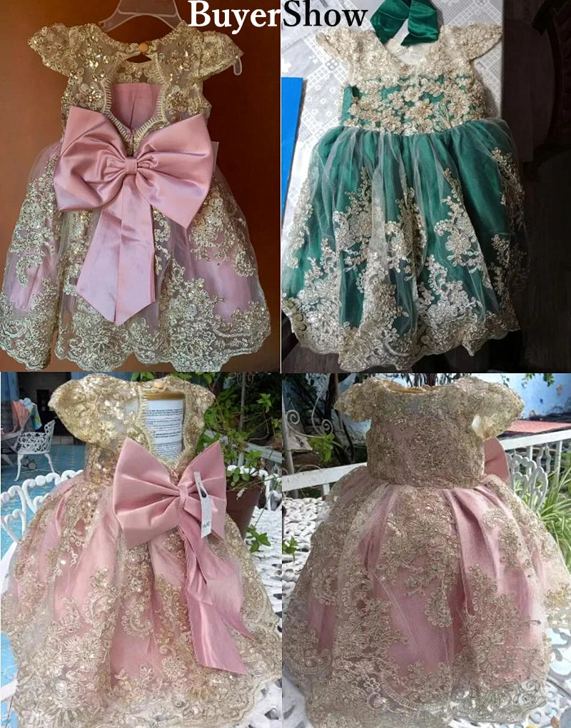 Embroidery Elegant Princess Dress for Girls Luxury Golden Lace Vintage Children Festival Party Gown Baby Formal Weddings Dresses