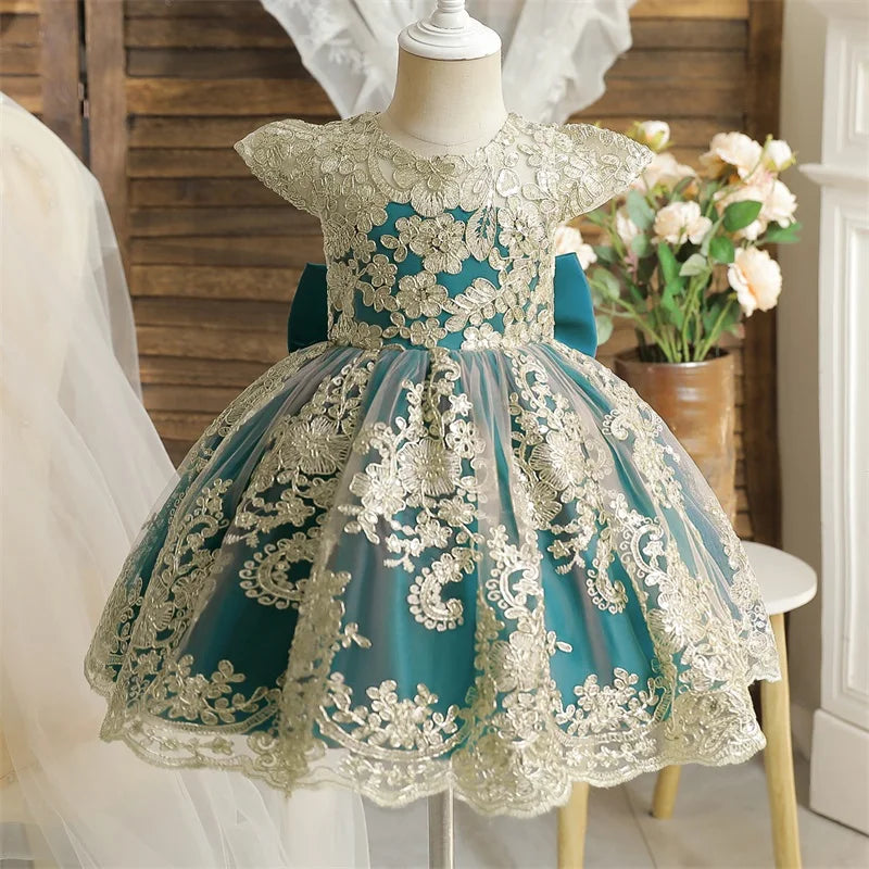 Embroidery Elegant Princess Dress for Girls Luxury Golden Lace Vintage Children Festival Party Gown Baby Formal Weddings Dresses