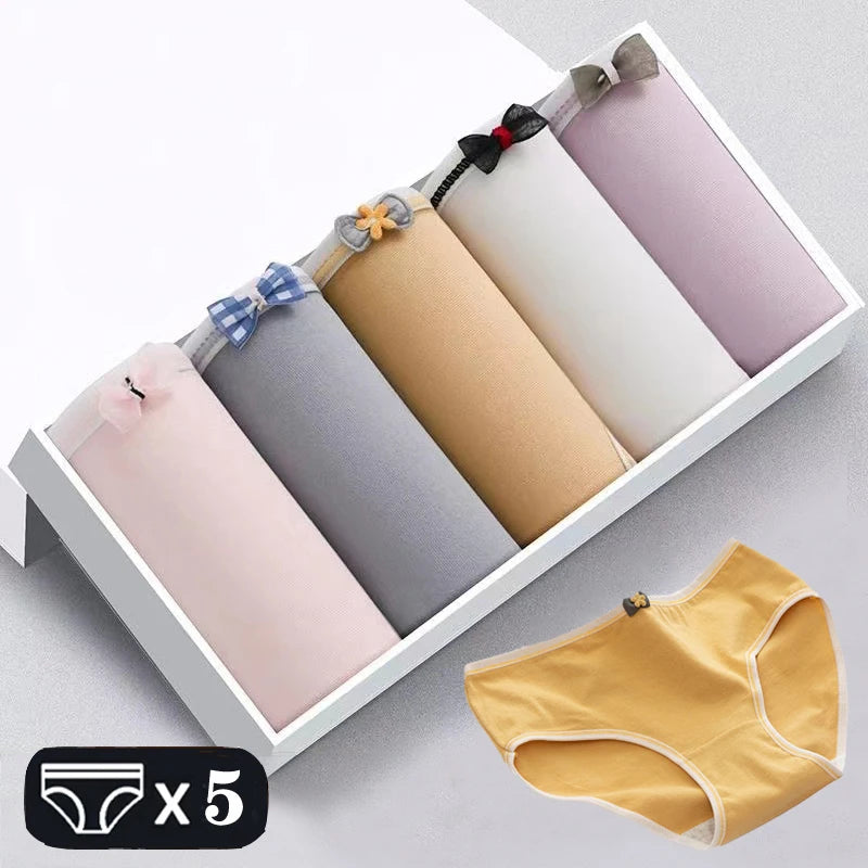 5Pcs Soft Cotton Panties For Women Cute Girls Briefs Female Mid Waist Underwear Intimates Underpants Sexy Lingerie Shorts M-XXL