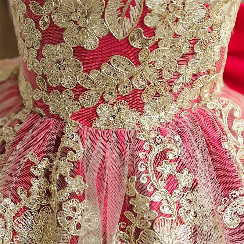 Embroidery Elegant Princess Dress for Girls Luxury Golden Lace Vintage Children Festival Party Gown Baby Formal Weddings Dresses